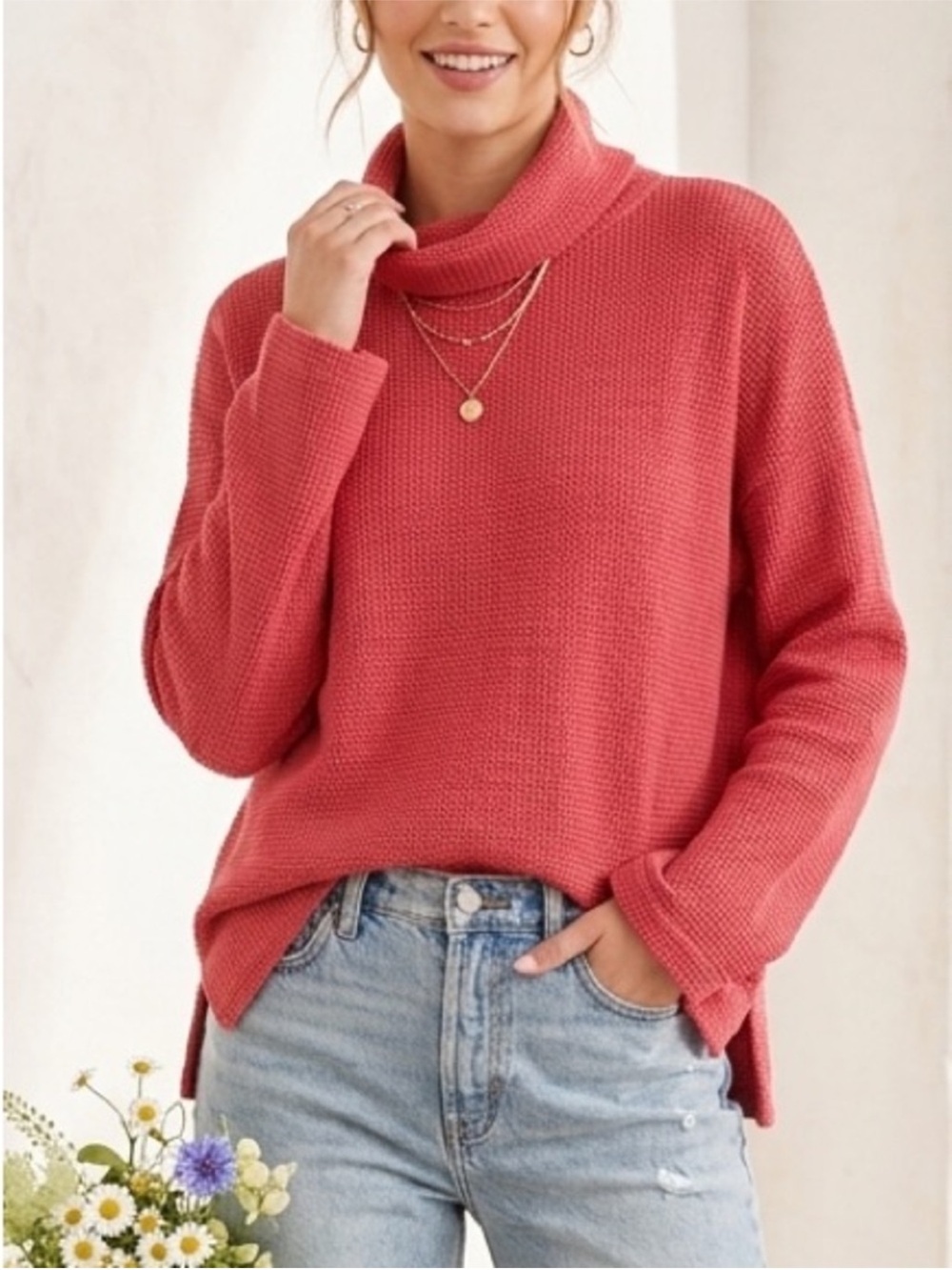 Talbots Coral Waffle-Knit Cowl Neck Sweater Casual Cottagecore Quiet Luxury L